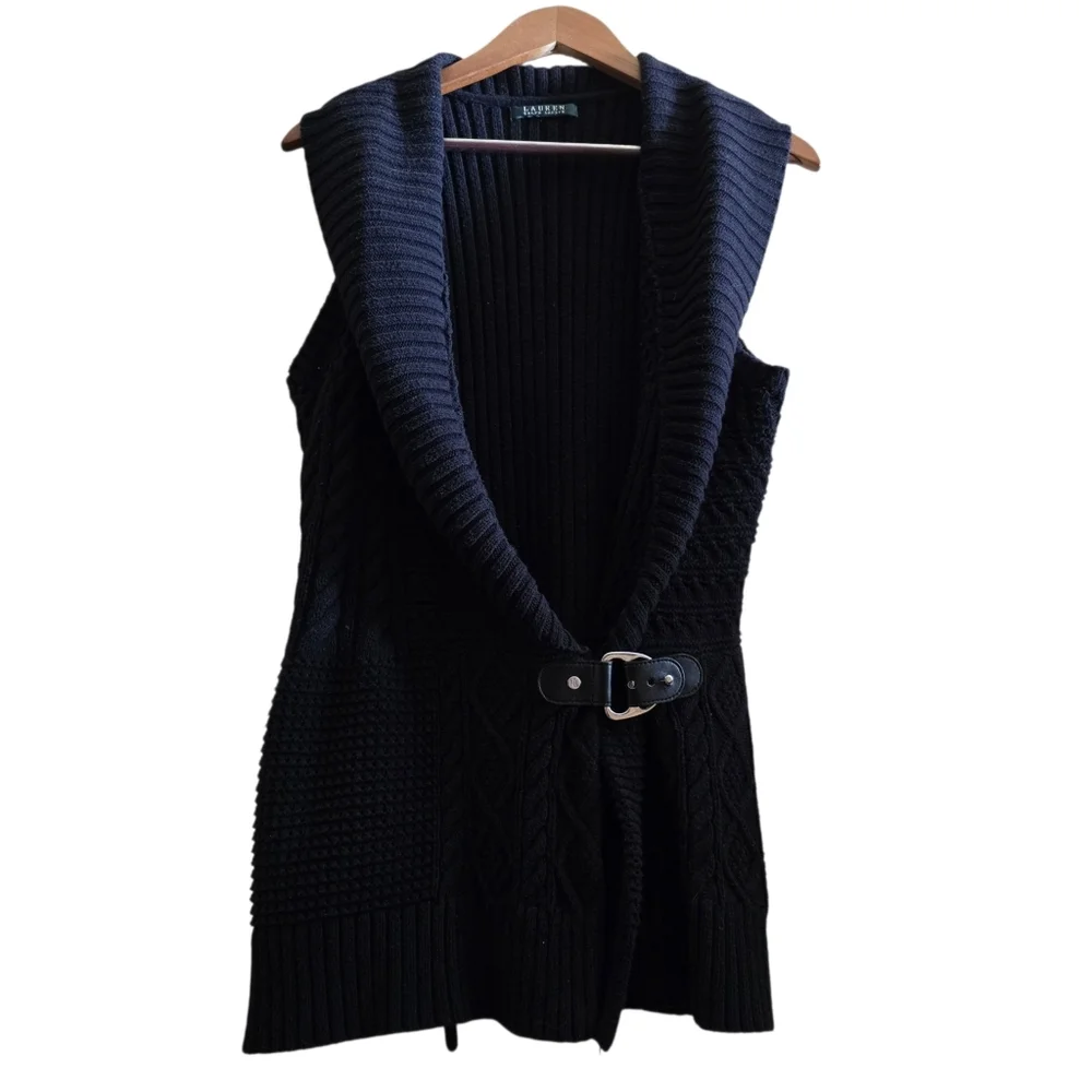 Lauren Ralph Lauren Black Chunky Cable Knit Equestrian Vest Bridle Detail - Picture 5 of 14